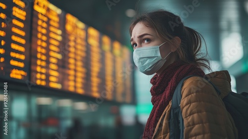 Young woman at airport wearing a mask and checking flight information