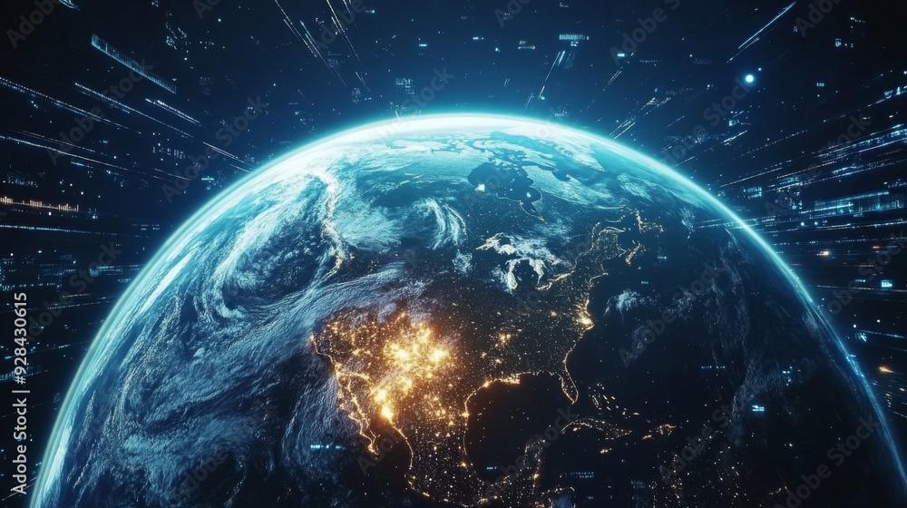 Digital data streams flow around the Earth at night. Digital data streams flow around the Earth at night.