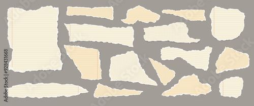 Set of torn yellow note paper pieces, strips are on dark grey background for text, notes or ad.