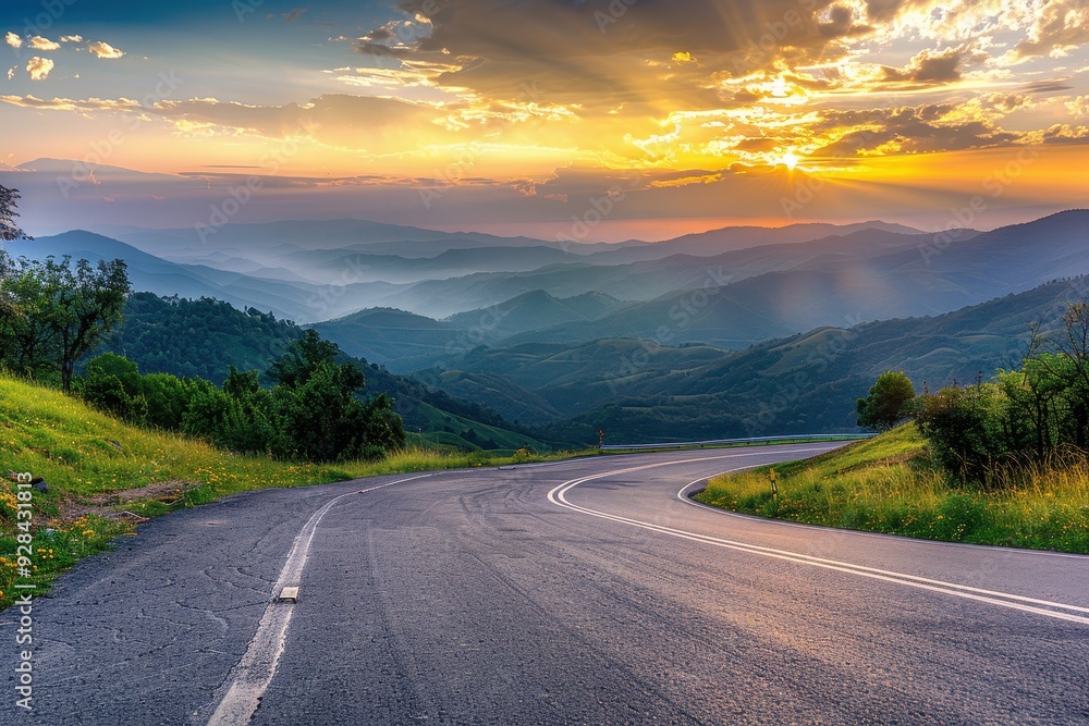 Scenic sunrise view of asphalt highway and mountains Scenic sunrise view of asphalt highway and mountains