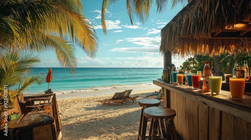 A tropical beach bar with colorful smoothies, overlooking a turquoise ocean, palm trees swaying, golden hour sunlight. photo