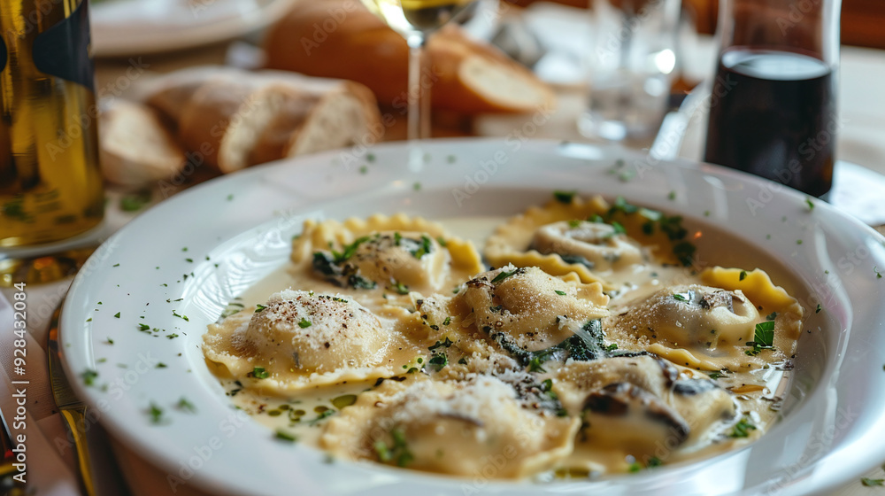 Handmade ravioli stuffed with ricotta and spinach, served in a creamy sauce with porcini mushrooms and truffle oil Handmade ravioli stuffed with ricotta and spinach, served in a creamy sauce with porcini mushrooms and truffle oil