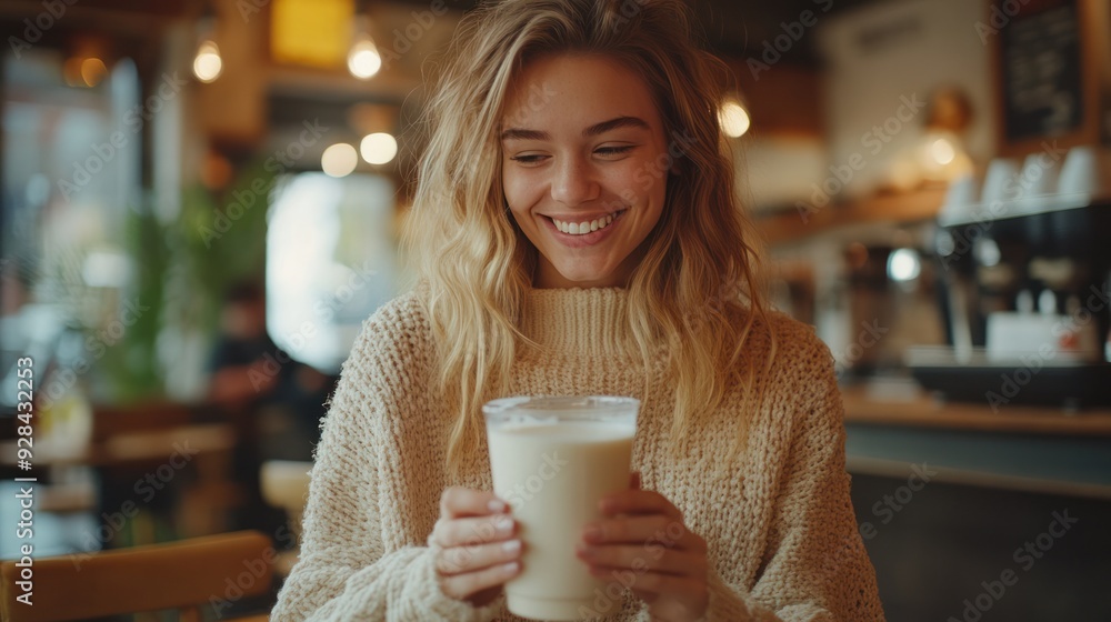 A smiling woman drinking milk and browsing her phone at a trendy coffee shop, with a relaxed atmosphere and contemporary design. A smiling woman drinking milk and browsing her phone at a trendy coffee shop, with a relaxed atmosphere and contemporary design.