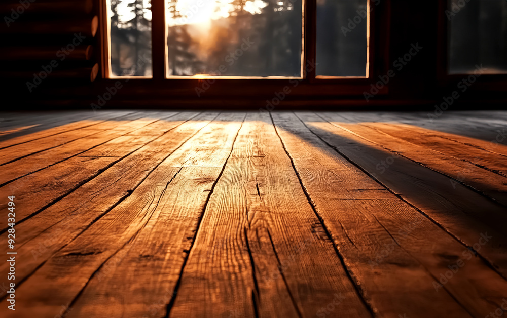 Warm sunlight streams through a window, casting shadows on a rustic wooden floor in a cozy cabin setting. Warm sunlight streams through a window, casting shadows on a rustic wooden floor in a cozy cabin setting.