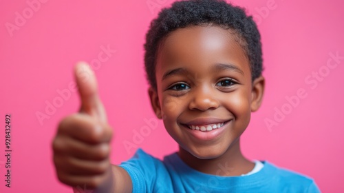 A smiling African American boy pointing his thumb upwards, wearing a blue shirt, against a pink background.