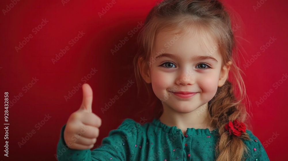A playful Caucasian girl pointing her thumb sideways, wearing a green outfit, against a red background. A playful Caucasian girl pointing her thumb sideways, wearing a green outfit, against a red background.
