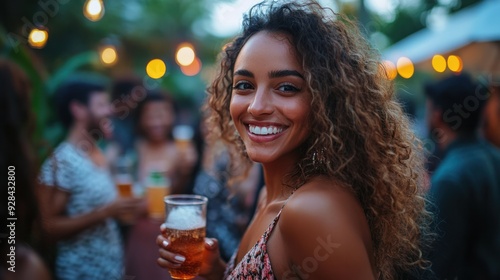 A radiant woman at a backyard party, mingling with a diverse group of friends, with everyone laughing and holding drinks in a festive atmosphere.