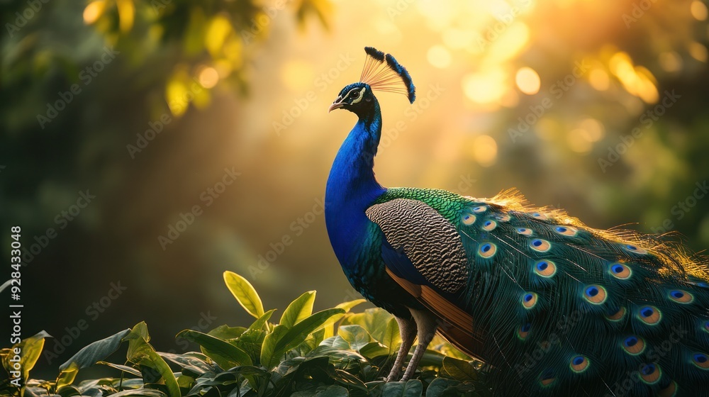 Fototapeta premium A peacock in a dramatic pose, feathers fully unfurled, creating a breathtaking natural spectacle, with soft sunlight filtering through leaves.
