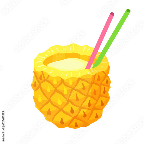 Fresh exotic summer cocktail in pineapple. Pina colada cocktail drink in tropical fruit. Vector illustration