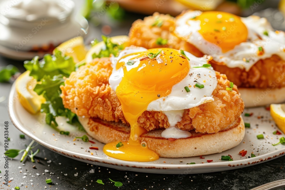 Tasty Eggs Benedict with bun and chicken cutlet Tasty Eggs Benedict with bun and chicken cutlet