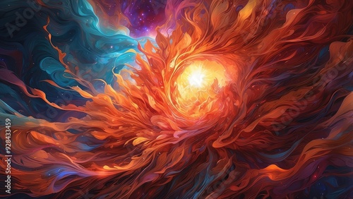 A dazzling, pulsating solar flare of the future, its fiery tendrils reaching out like celestial fingers in a dance of light and energy. The main subject of the image is a skyscape filled with vibrant  photo