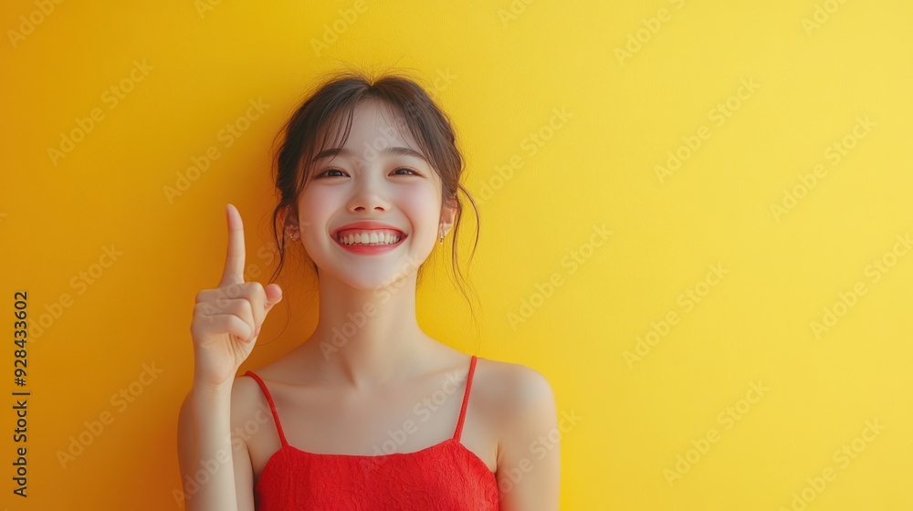 A joyful Asian girl pointing her thumb at an empty space, wearing a red dress, against a bright yellow background. A joyful Asian girl pointing her thumb at an empty space, wearing a red dress, against a bright yellow background.