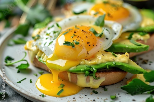 Tasty eggs benedict with hollandaise sauce avocado and egg yolk photo