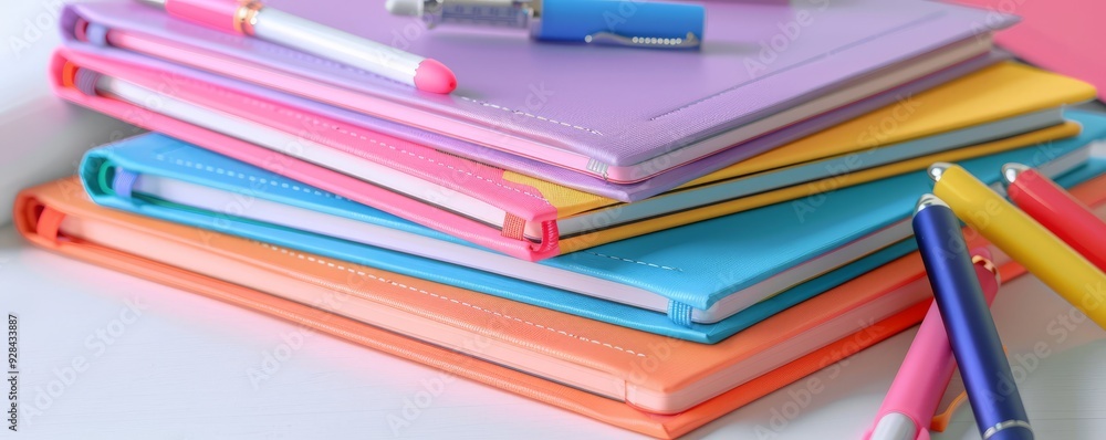 Stack of colorful journals with pens and highlighters on white background, 4K hyperrealistic photo Stack of colorful journals with pens and highlighters on white background, 4K hyperrealistic photo