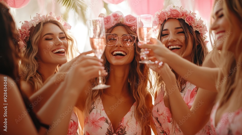 A group of friends wearing matching outfits, raising glasses in a toast, at a bachelorette party with pink decorations A group of friends wearing matching outfits, raising glasses in a toast, at a bachelorette party with pink decorations