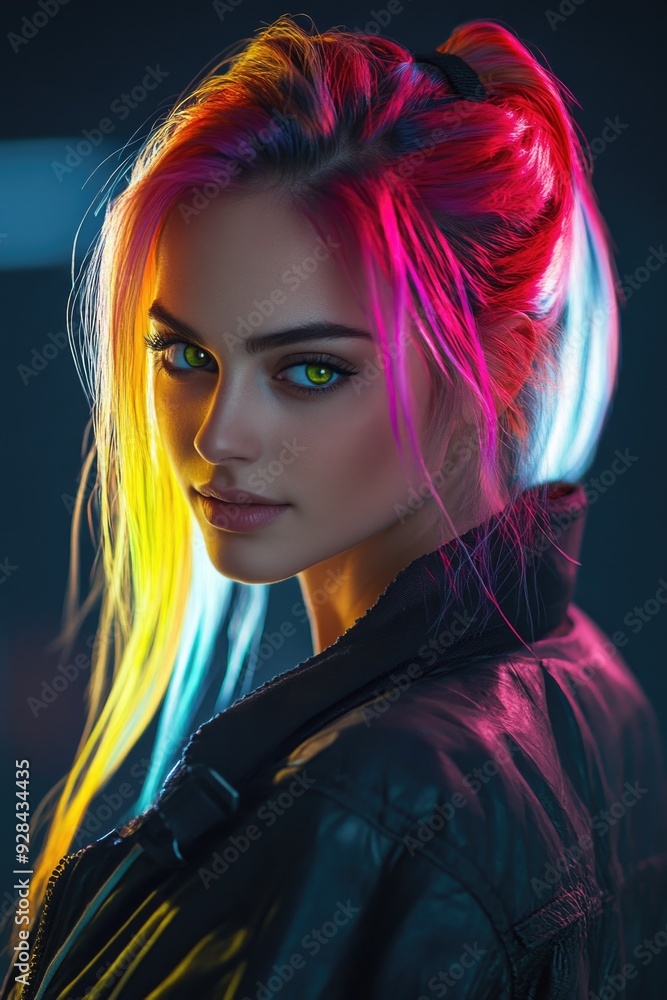 Fototapeta premium Woman with bright hair in black jacket