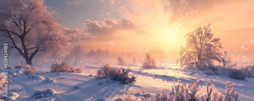 Snow-covered countryside at dawn, 4K hyperrealistic photo