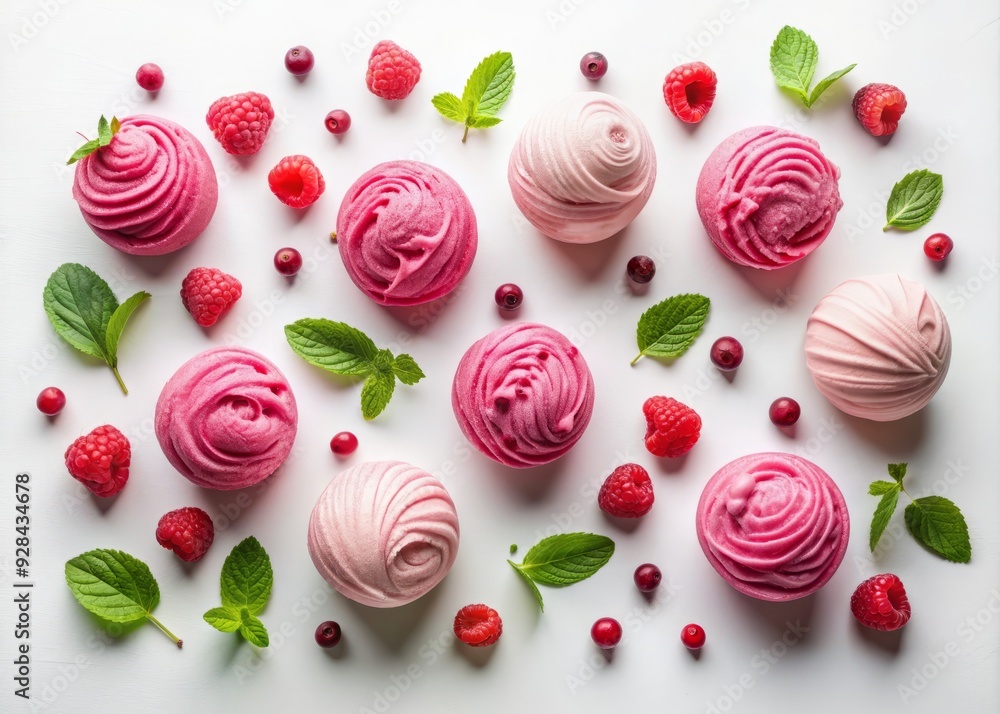Vibrant raspberry ice cream swirls and scoops artfully arranged on a pristine white background, creating a visually appealing flat lay that screams summer sweet treats. Vibrant raspberry ice cream swirls and scoops artfully arranged on a pristine white background, creating a visually appealing flat lay that screams summer sweet treats.