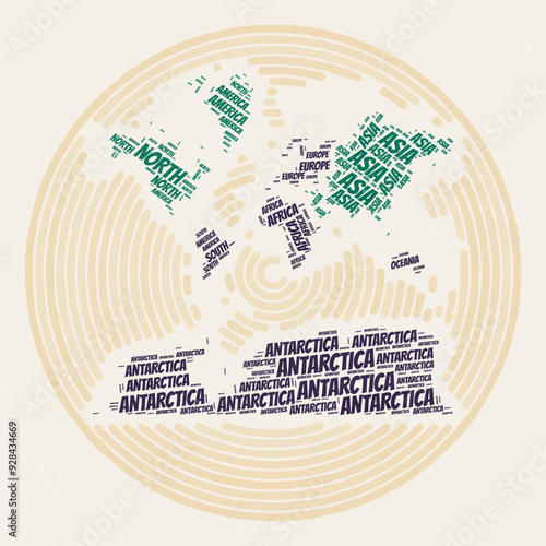 Typography style image of World. Continents word clouds of World. Vintage image design with scratch texture.