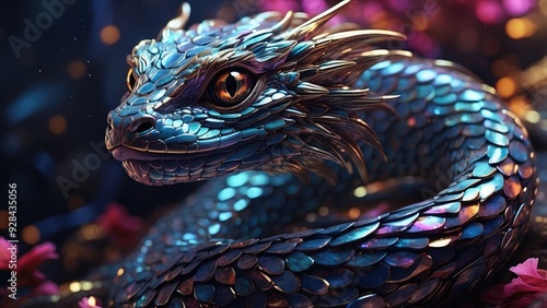 A shimmering, serpentine creature of the quantum realm, sleek and elegant in its design, its scales sparkling with iridescent colors that seem to shift and change with every movement. The image is a s photo