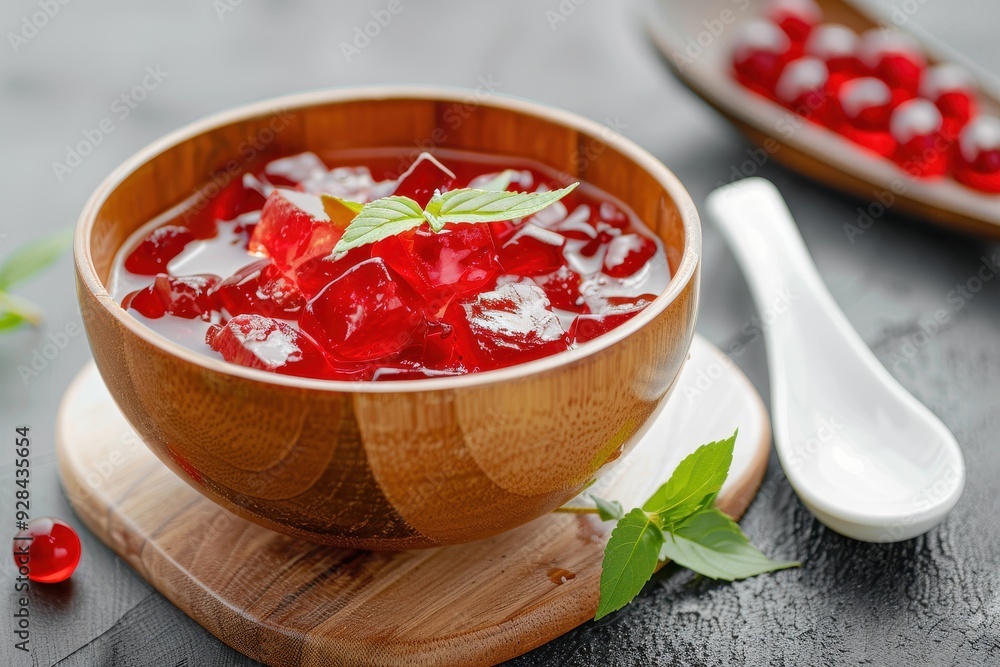 Thai dessert in wood bowl with white spoon red ruby syrup Thai dessert in wood bowl with white spoon red ruby syrup