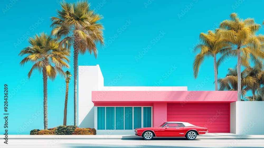 Obraz premium Bright pastel house with a red car and palm trees on a sunny day
