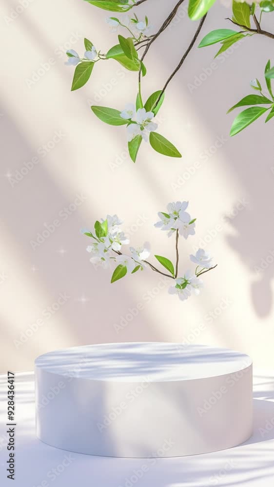 Design a minimal podium background for branding and product presentation with a spring theme, showcasing 3D-rendered elements like fresh blossoms, vibrant greenery, and gentle sunlight Design a minimal podium background for branding and product presentation with a spring theme, showcasing 3D-rendered elements like fresh blossoms, vibrant greenery, and gentle sunlight