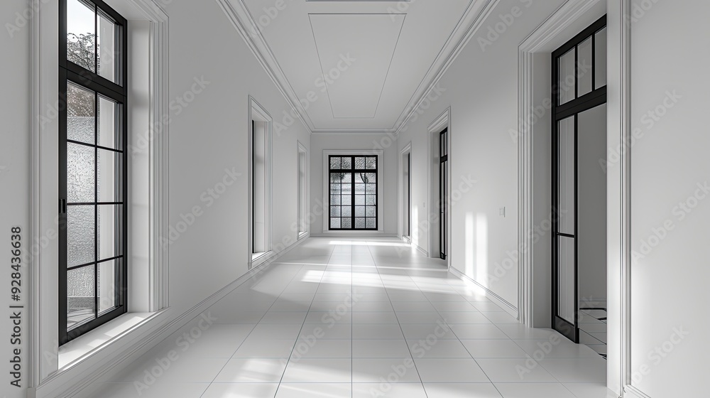 Fototapeta premium White walls, black window frames, white floor, interior design