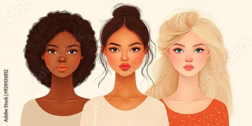 Three beautiful women with different skin colors stand together. Abstract minimal portrait of girls face to face. Concept of sisterhood and females friendship.  , Generative AI photo