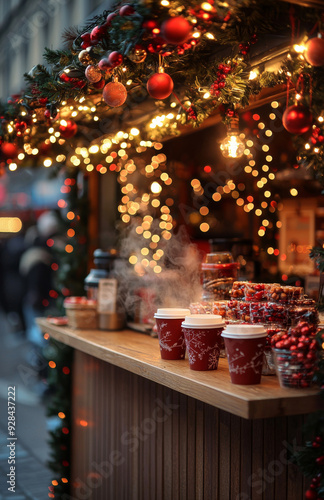 Christmas Market Stall with Warm Lights and Treats