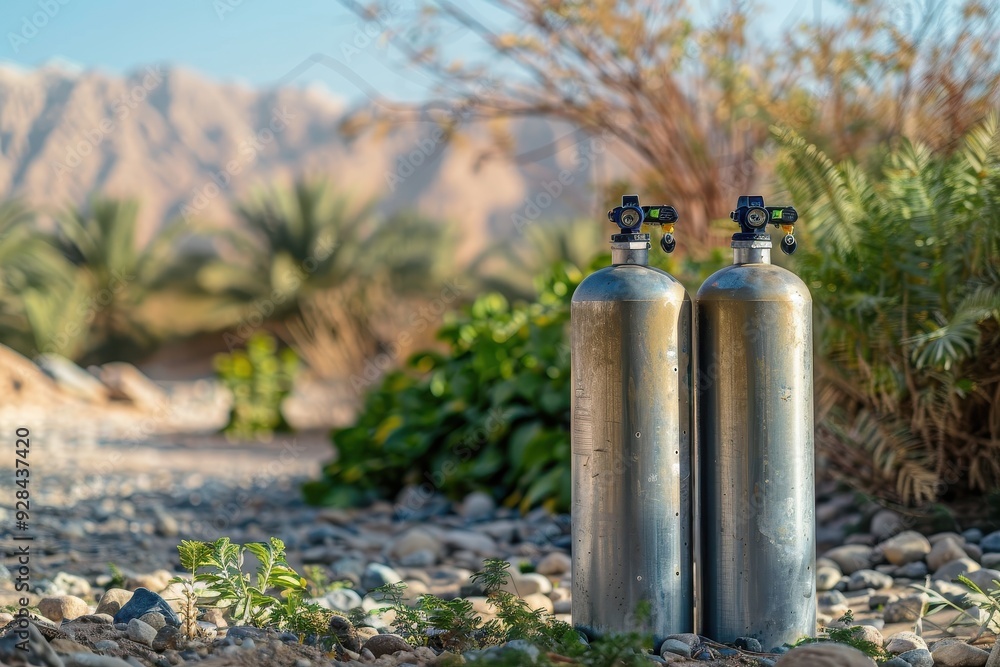 Two aluminum tanks with regulators in Fujairah ready for diving with greenery in the background Two aluminum tanks with regulators in Fujairah ready for diving with greenery in the background