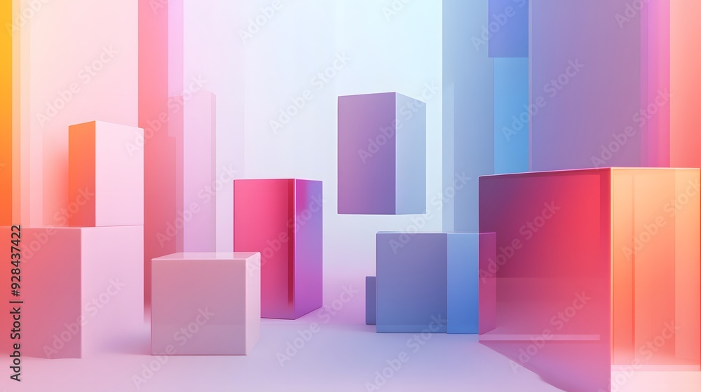 87. Abstract 3D composition with floating geometric prisms and sleek gradients forming a modern pattern against a clean white surface. 87. Abstract 3D composition with floating geometric prisms and sleek gradients forming a modern pattern against a clean white surface.