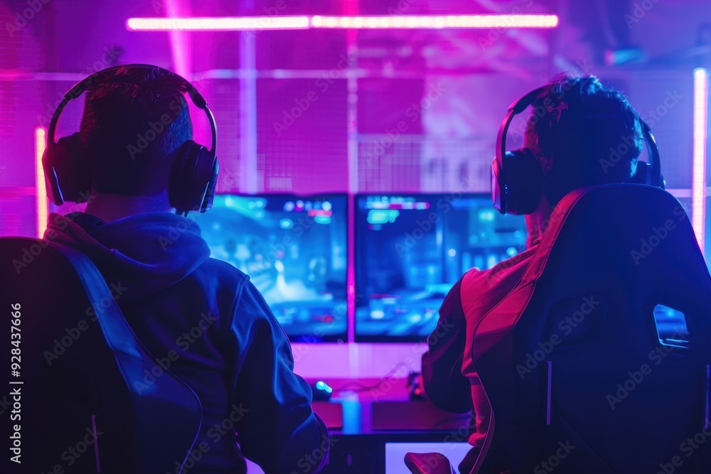 Two esports gamers compete in a global cyber gaming tournament with big screens Two esports gamers compete in a global cyber gaming tournament with big screens