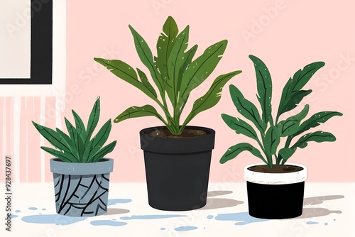 Flat drawing of potted plants, AI generated