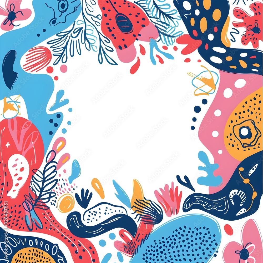 Playful Doodle Style Frame with Whimsical Shapes and Patterns on White Background Playful Doodle Style Frame with Whimsical Shapes and Patterns on White Background