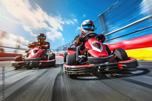 Two kart drivers approach a turn viewed from the front