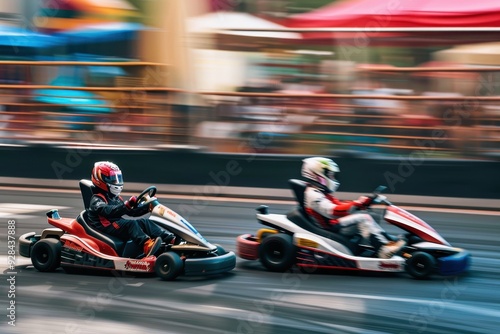 Two kart racers compete for win seen from the side