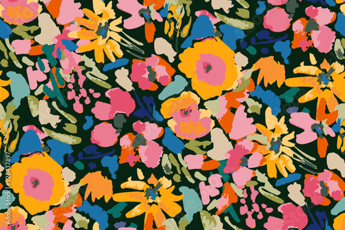 Abstract floral seamless pattern. Bright colors, gouache painting.hand drawn, not AI