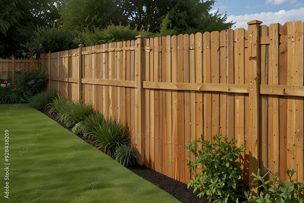 Wooden fence near the lawn in summer, AI generated Wooden fence near the lawn in summer, AI generated