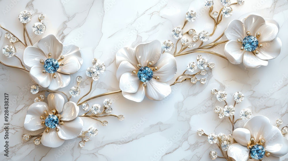 White 3D Flowers with Blue Gemstones on Marble Background. White 3D Flowers with Blue Gemstones on Marble Background.