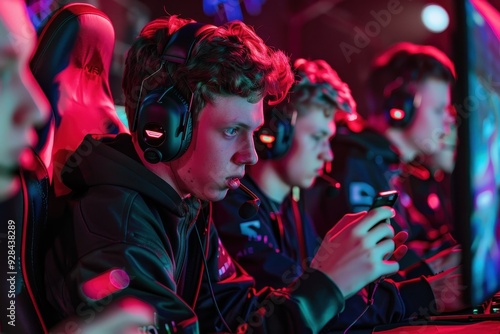 Young professional gamers playing mobile game at esports league with headphones photo