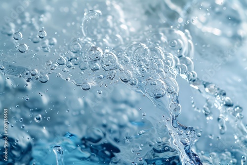 Close-up of light blue water background with white ice texture and transparent bubbles in high resolution.