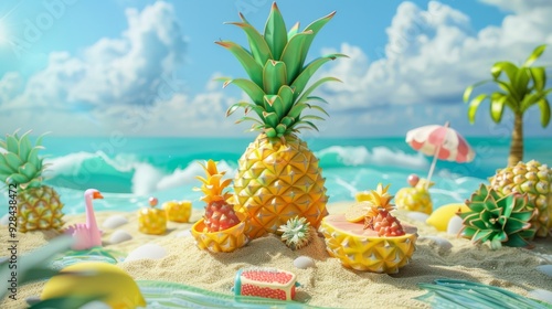 A vibrant summer scene with pineapples, a pink flamingo, and a beach umbrella, symbolizing tropical vacation, relaxation, and summer fun.