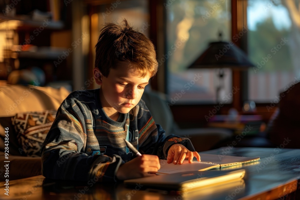 Young student studying at home using a computer for schoolwork Young student studying at home using a computer for schoolwork