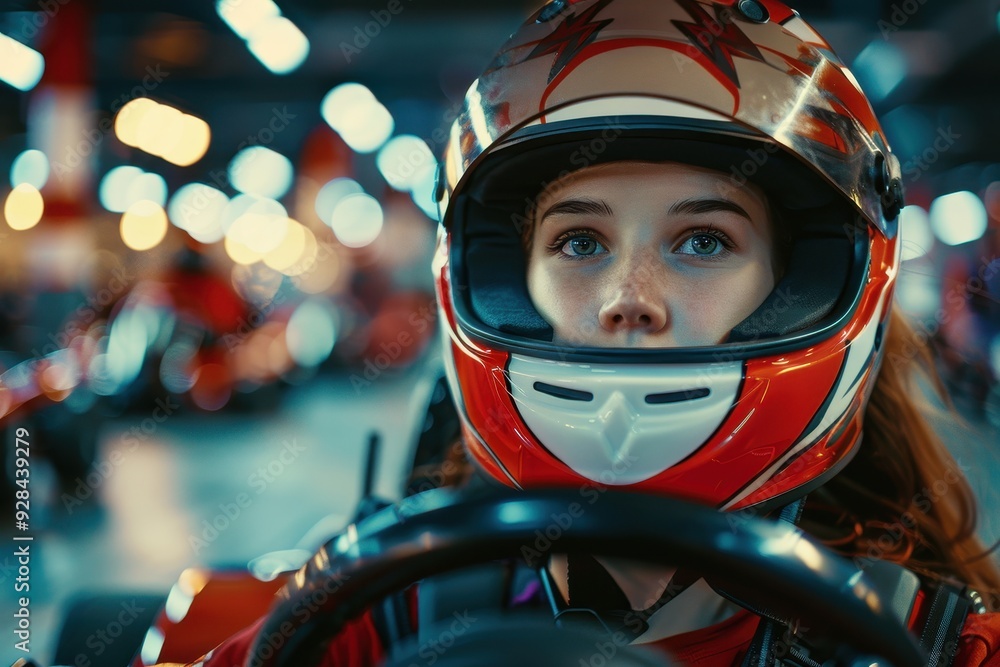 Young woman in helmet with others racing go karts indoors at a sports club