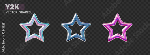 3d chrome Y2K metal star set. Holographic star in Y2K style isolated on black. Future galaxy aesthetic design
