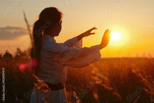 Young woman practicing qigong during sunset