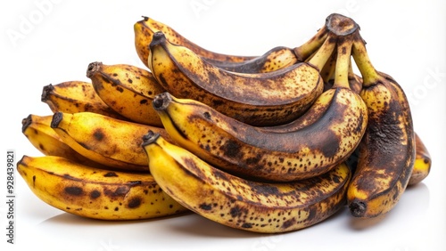 Rotten bananas with brownish skin lesions and soft spots, affected by fungal diseases, isolated on white background, showcasing decay and spoilage. photo