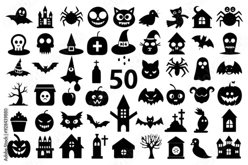 A set of Halloween silhouette elements on a white background. Set of icons for celebration. Vector illustration