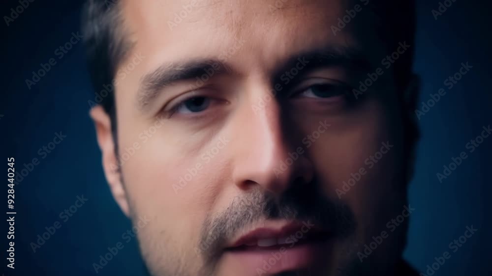 Serious businessman with a determined expression. Exuding confidence and focus. Stares intensely with unwavering eye contact against a blue background Serious businessman with a determined expression. Exuding confidence and focus. Stares intensely with unwavering eye contact against a blue background